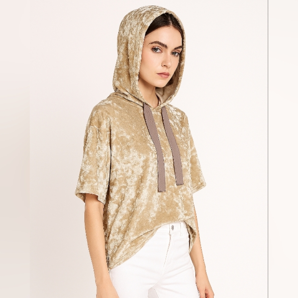 Forever 21 Crushed Velvet Short Sleeve Hoodie Top Cream Medium - Picture 3 of 14